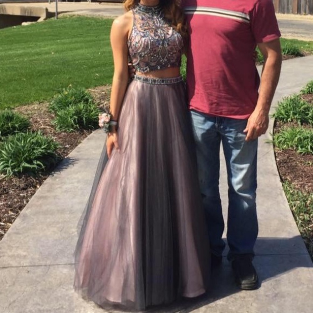 Pink with gray tool overlay prom dress